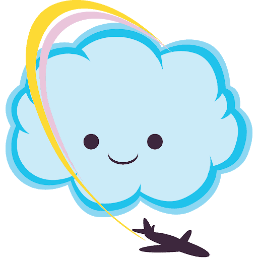 Mindful Meggie logo. Logo is a light blue cloud with a Kawaii face of two large eyes and a smiling mouth. An airplane is flying over the cloud with a yellow and pink contrail trailing behind it.
