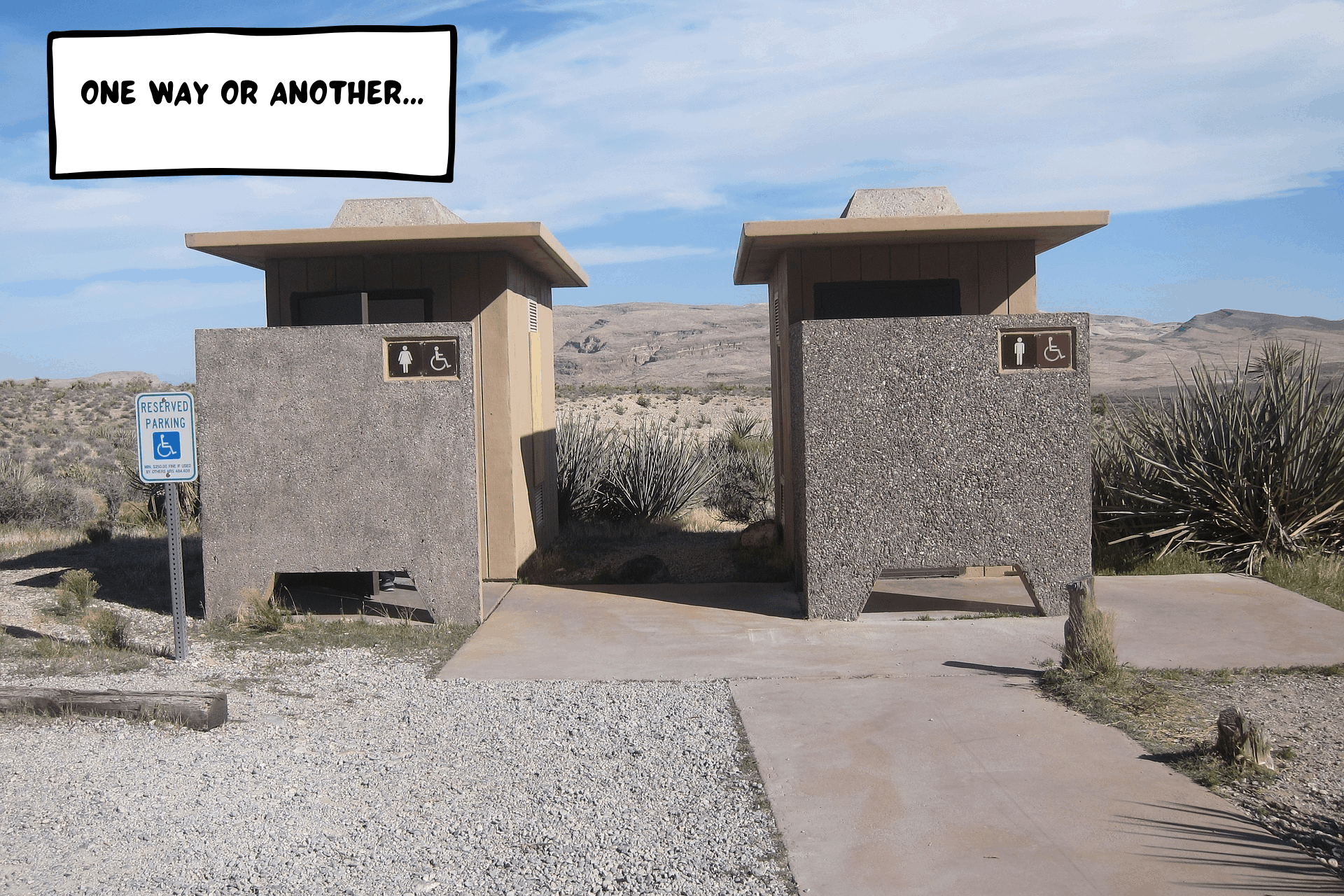 Image by pinkzebra from Pixabay. Two toilet/bathroom outhouses in the desert. The outhouses and the surrounding desert are of a light tan color. Blue sky with light flat clouds. A comic bubble caption box says "One way or another..."