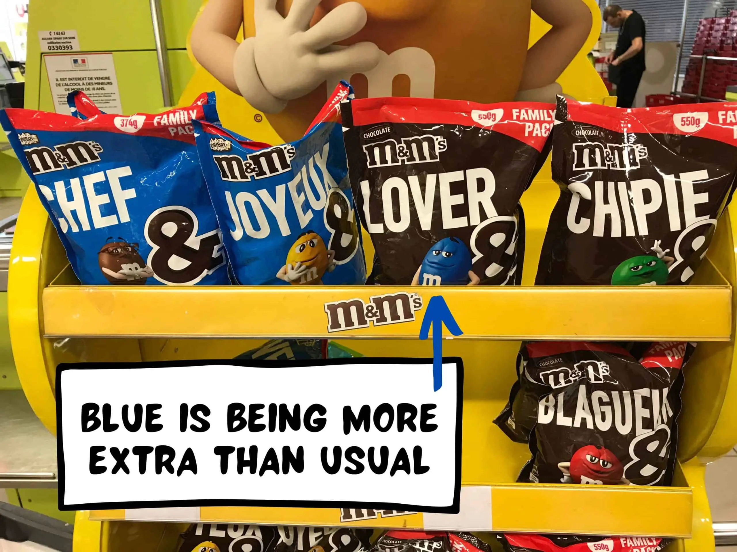 A yellow rack of M&M candy bags. One of them says "Lover" on it, with the Blue M&M character. The comic text box says, "blue is being more extra than usual"