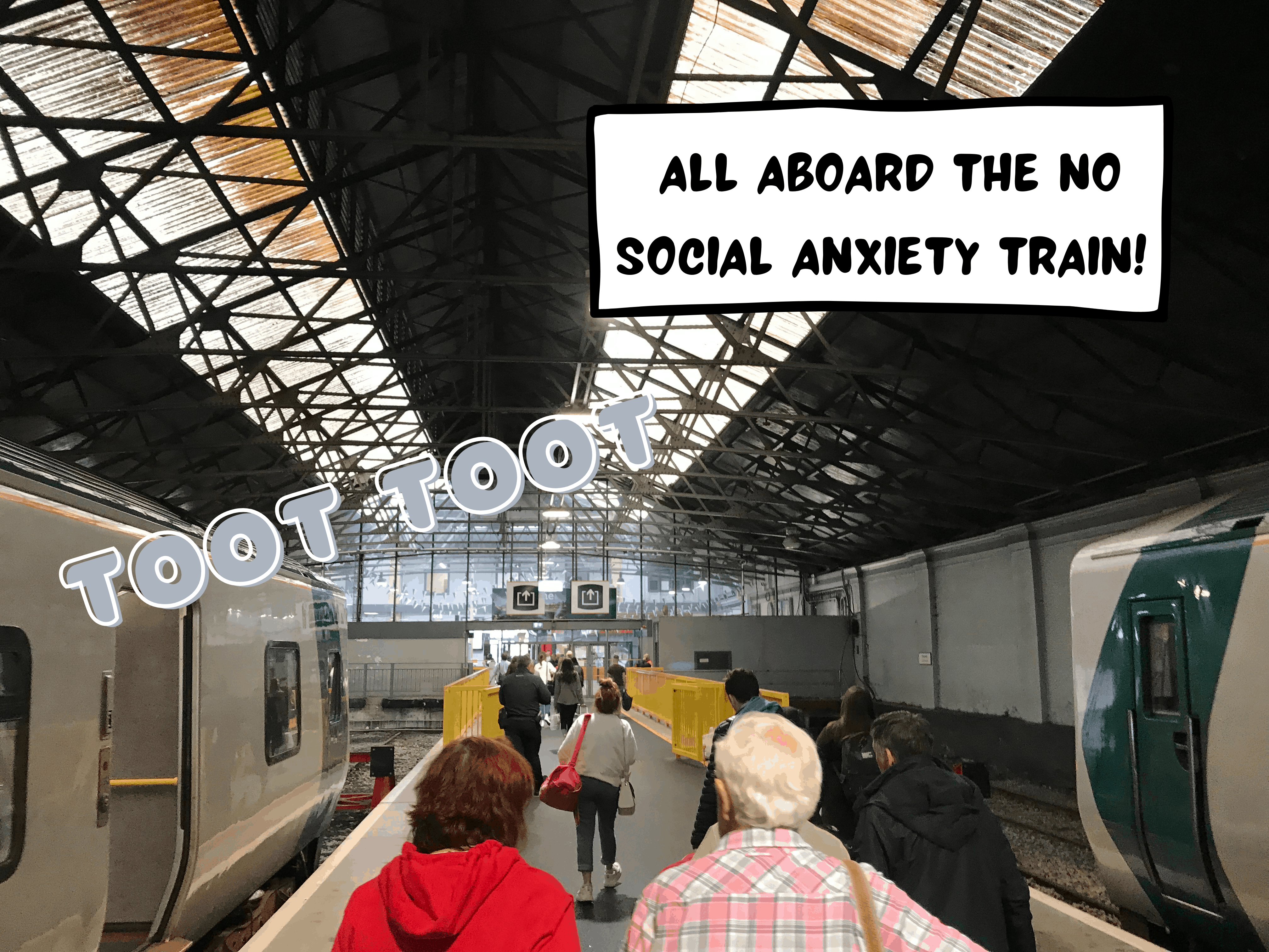 At the Limerick Colbert Irish Rail train station in Limerick, Republic of Ireland, people are walking on a platform headed for the exit. Trains resting on the tracks are on both sides of the platform. A comic text box says, "All about the no social anxiety train!" Words nearby a train say "TOOT TOOT". A large roof with window panes is covering the scene.