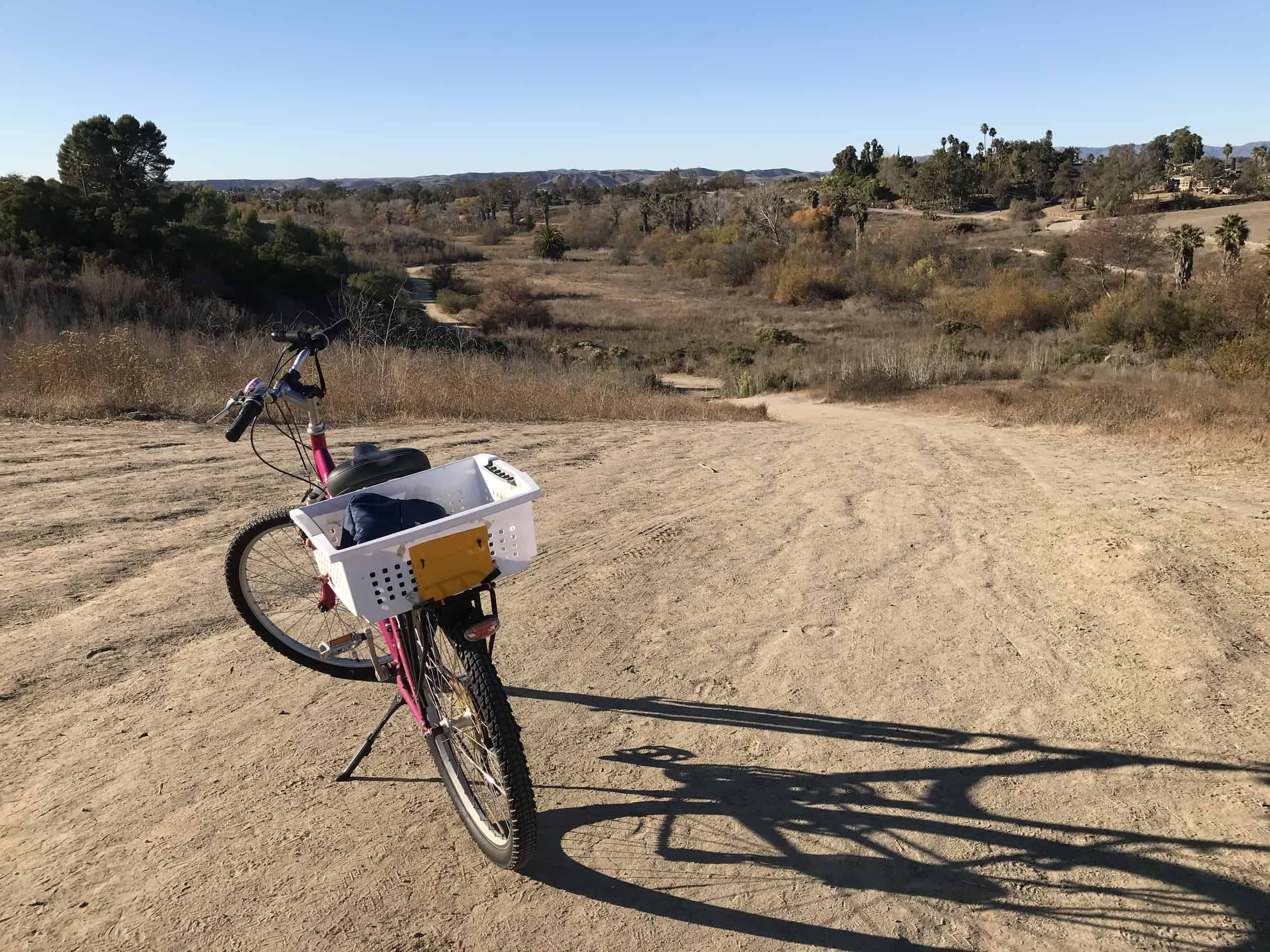 Meggie's pink bike on top of a dirt hill overlooking tan desert bushes and trees. A clear blue sky.  Guajome Regional Park at the eastern end of the San Luis Rey River Trail in Oceanside, California, United States of America