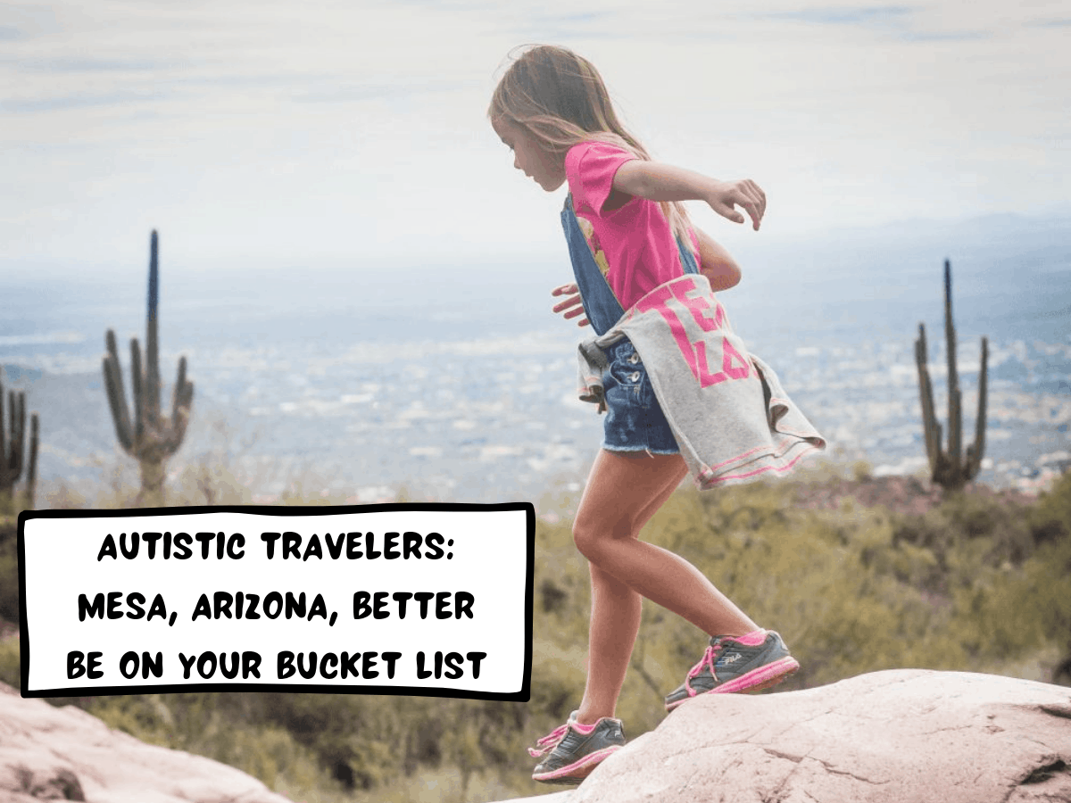 A young girl with a pink shirt and jean overalls is hiking on top of some white boulders in the Mesa, Arizona, United States desert. Beyond her is a series of cactus plants and the sprawling city.