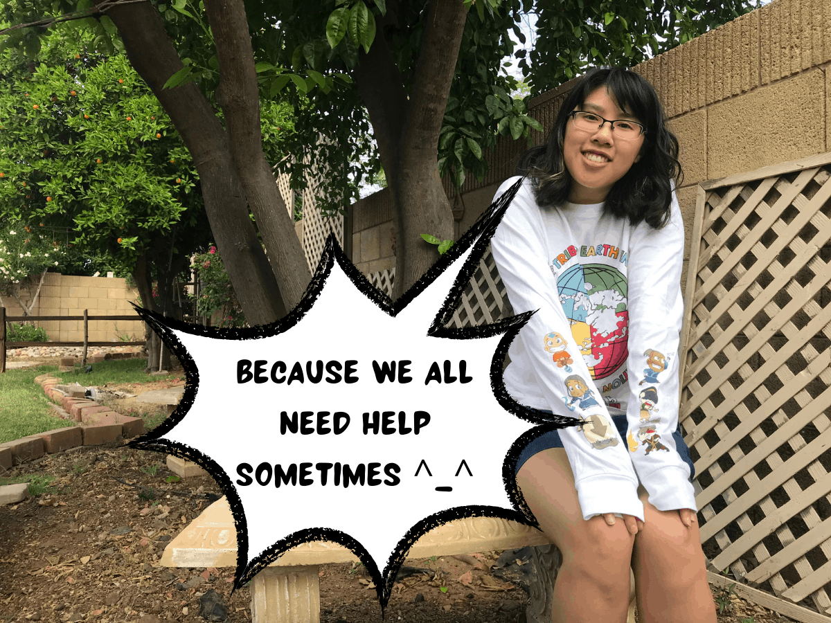 Meggie is wearing an avatar the last airbender long sleeved shirt. in a comic text speech bubble, she says, "because we all need help sometimes ^_^" she is sitting on a cute white bench in an outdoor garden in the yard