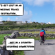 Meggie is biking on a countryside road surrounded by rolling green hills and gray cobblestone walls on Inisheer Island, in the Aran Islands in Galway Bay, Republic of Ireland, Europe. Blue sky with a few clouds. Village with homes perched on top of the huge hill in front.