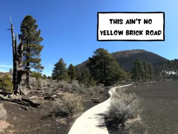 A black round hill with orange rocks on the top is a volcano. The ground is surrounded by black ash rocks. Some pine trees are alive, others are dead. The comic text speech bubble says "This ain't no yellow brick road". Sunset Crater Volcano National Monument in Northern Arizona nearby Flagstaff, United States of America