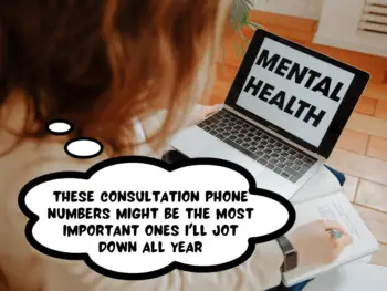 A woman has a laptop computer in front of her. the screen says "mental health." she is writing notes down on a journal. in a comic speech bubble, she thinks, "these consultation phone numbers might be the most important ones i'll jot down all year"
