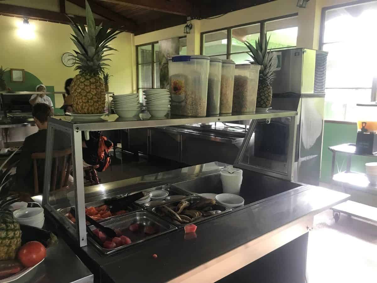 A buffet with fruit, such as watermelons and bananas in a cafeteria. The La Selva Biological Station in Puerto Viejo de Sarapiquí in the Heredia Province of Costa Rica, Central America.