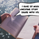 A person is holding open a book with both hands over the ocean. in a comic text bubble, the open book says, "I have so much awesome stuff to share with you!"