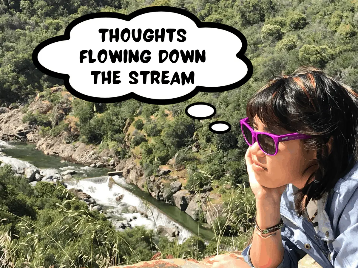 Meggie has on a stoic, quiet, peaceful face. She is resting in Sequoia National Park, California, United States. A hill with green shrubby plants ends at a roaring river. A comic thinking bubble above Meggie says, "Thoughts flowing down the stream"