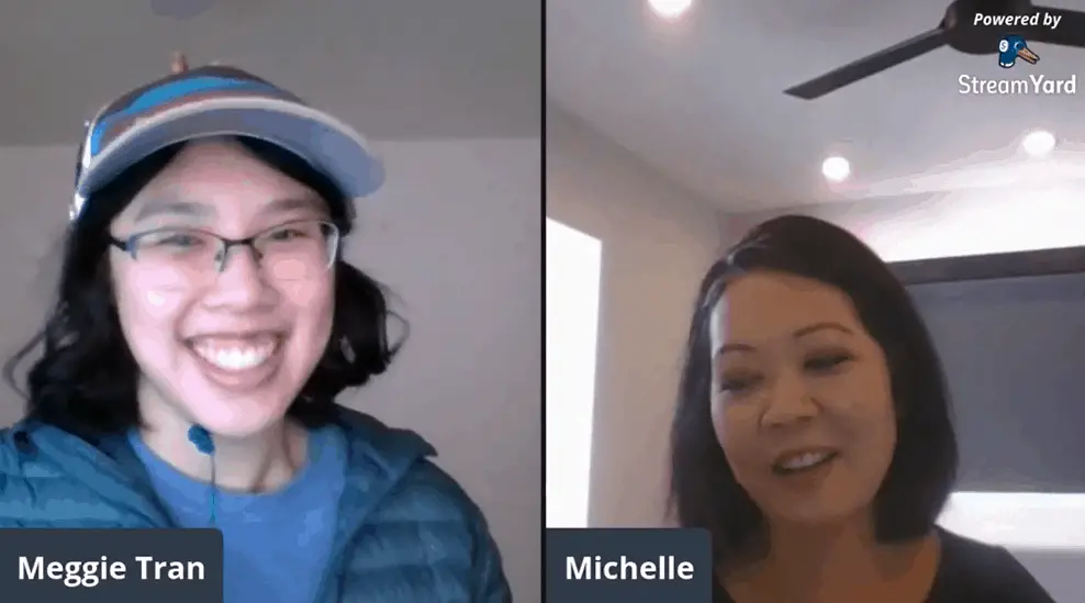 Meggie Tran and Michelle Jung, an exercise science teacher professor at Mesa Community College is talking side-by-side in a mindfulness panel and discussion hosted on Facebook Live. Both ladies are smiling and grinning.