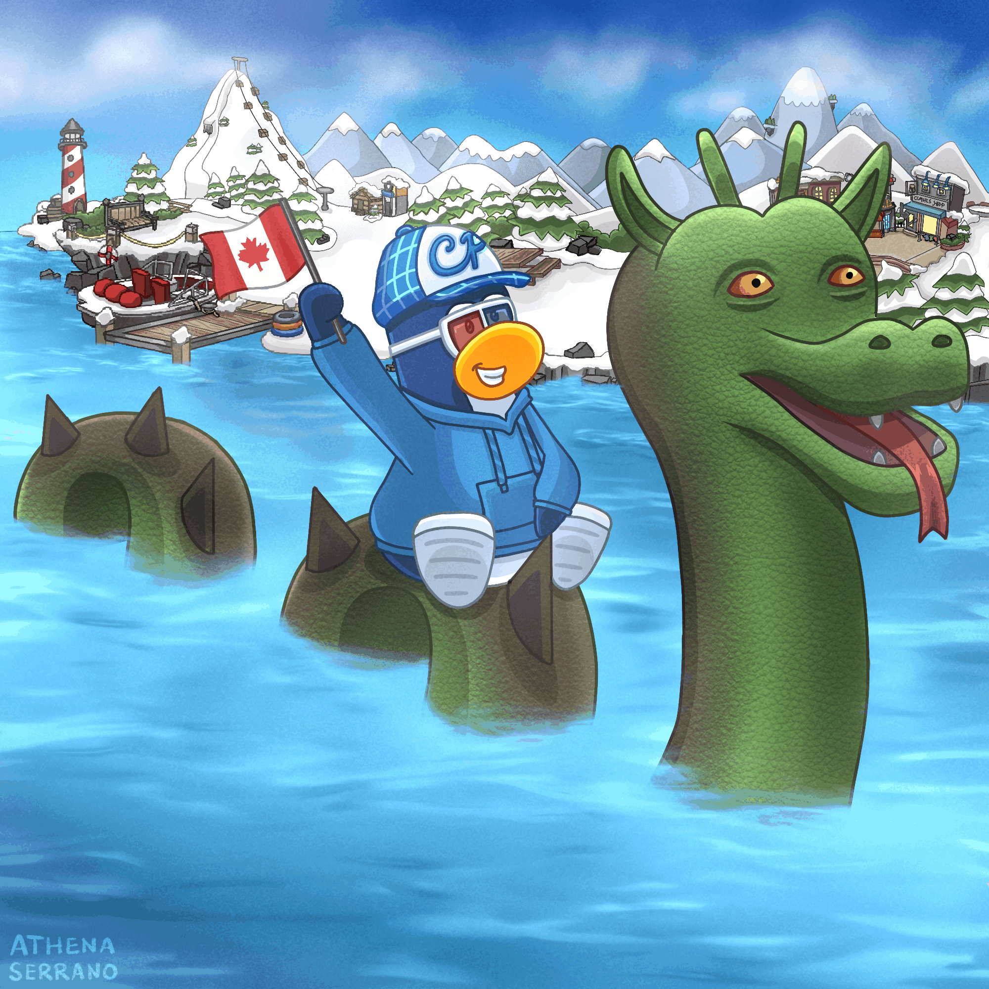 Art commission for Meggie/Tech70 by Athena Serrano/Cw700. Tech70 the blue penguin is riding on the back of the Ogopogo First Nations mythical sea creature rumored to swim in the Okanagan Lake in the shores of the island of Club Penguin with the Dock, Ski Hill, and Town. 