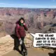 Meggie in her burgundy jacket and hiking shoes, is leaning against a wall off the viewing point of the Grand Canyon. Red and white rock formation walls and a deep gorge that make it a canyon. Ragged rock surfaces on the walls. Flat canyon top. In a comic text bubble, Meggie says, "The Grand Canyon is big... so is its visitation fee." South Rim, Grand Canyon National Park, Arizona, United States of America