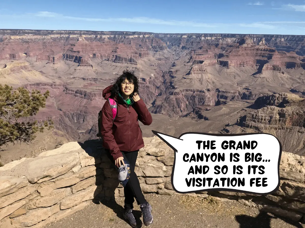 Meggie in her burgundy jacket and hiking shoes, is leaning against a wall off the viewing point of the Grand Canyon. Red and white rock formation walls and a deep gorge that make it a canyon. Ragged rock surfaces on the walls. Flat canyon top. In a comic text bubble, Meggie says, "The Grand Canyon is big... so is its visitation fee." South Rim, Grand Canyon National Park, Arizona, United States of America