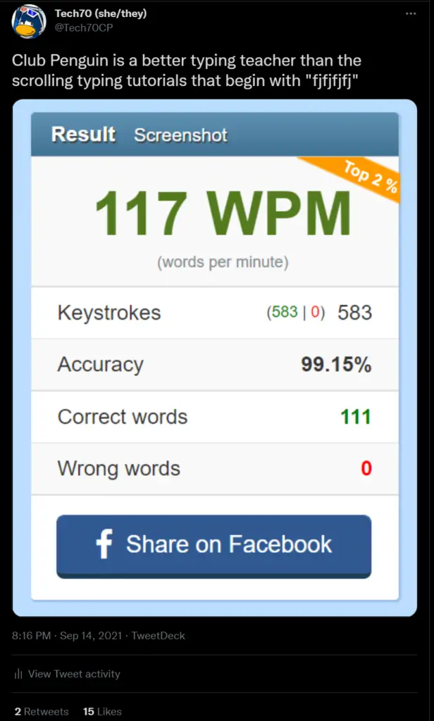 According to a typing test, I can type 117 words per minute!