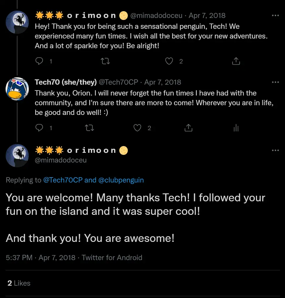 A screenshot of a Club Penguin player tweeting compliments to me about being an awesome person.