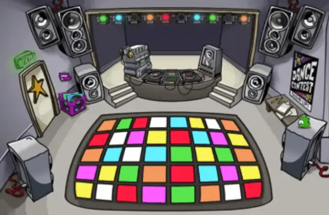 A screenshot of the Night Club room on Club Penguin.