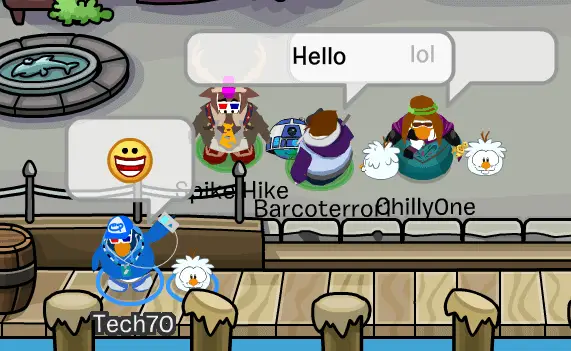 A screenshot from Club Penguin with my penguin avatar and the avatars of my friends.