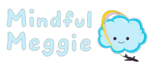 Mindful Meggie lettering. With logo of cute blue Kawaii cloud with a smiley face