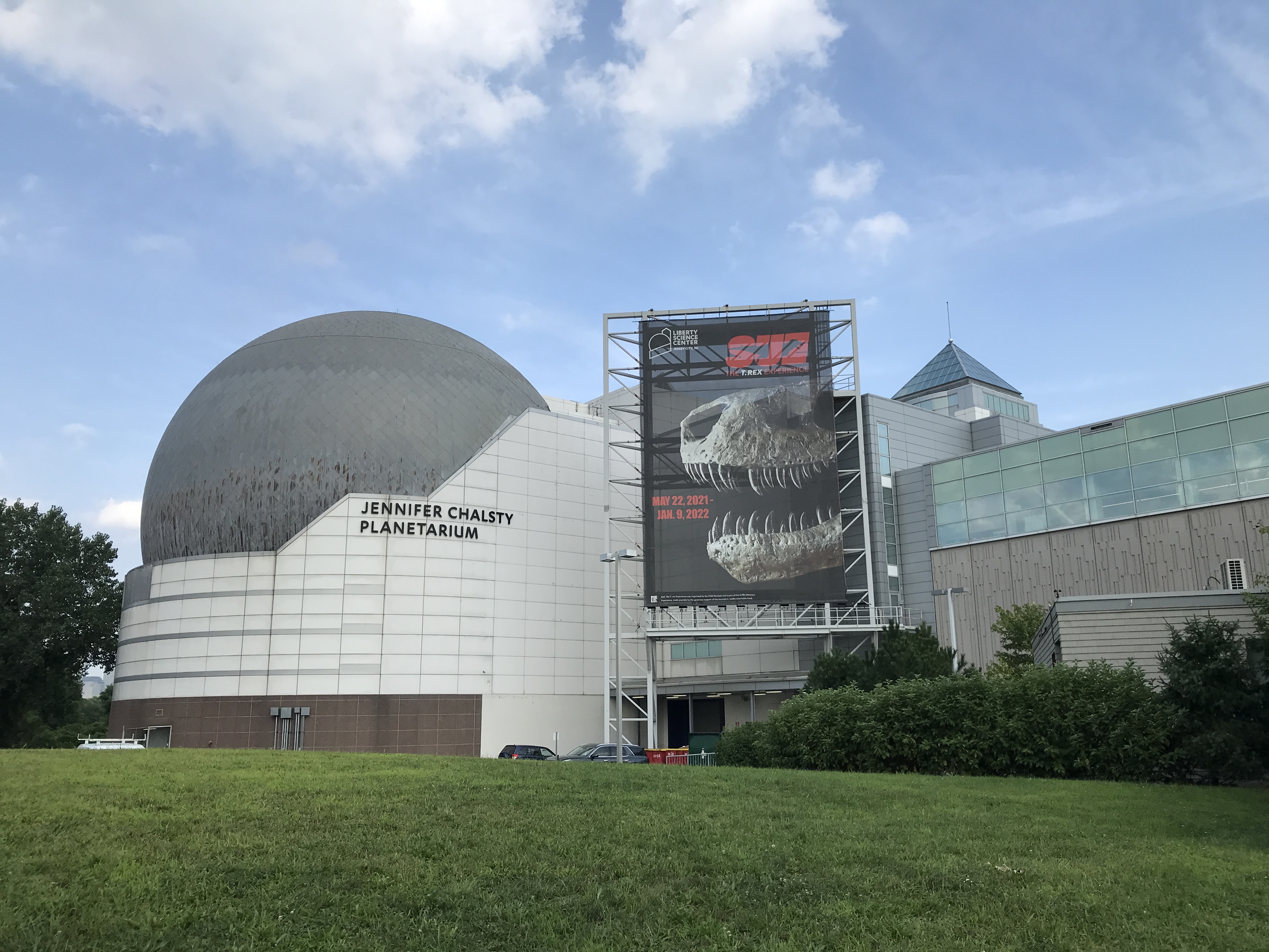 The Jennifer Chalsty Planetarium of the Liberty Science Center is a huge gray and white dome. Jersey City, New Jersey, United States