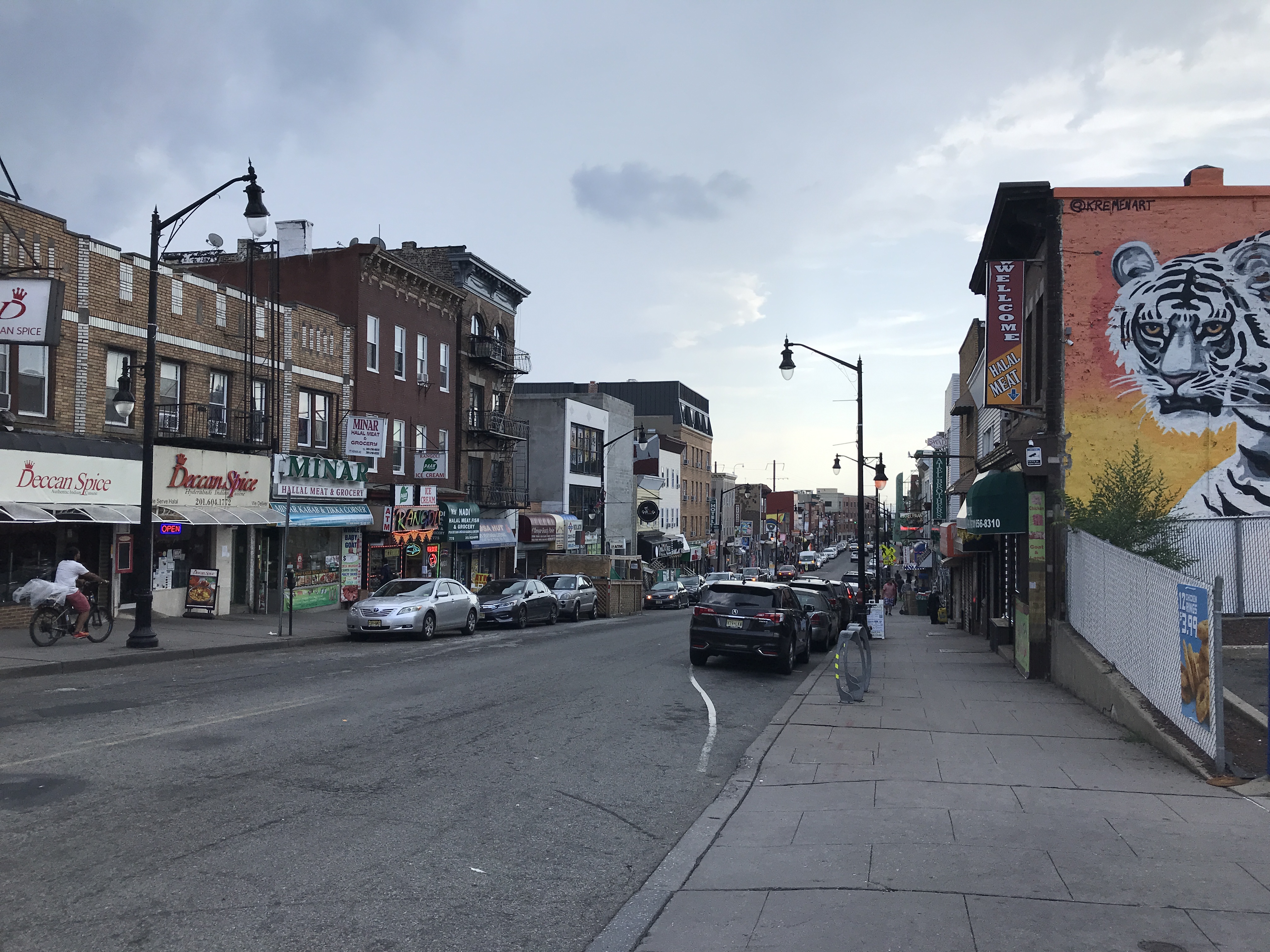 Journal Square's India Square has a street of Indian restaurants and grocery stores. There is a mural of a white tiger on the side of a building. Jersey City, New Jersey, United States