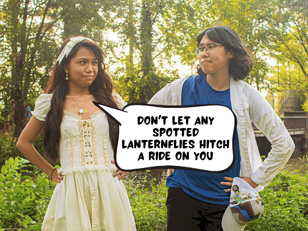 Meggie, dressed in a blue shirt and white overshirt, and Athena, dressed in a cute white dress, are glaring at each other in a nature park with green trees, a creek, and grass. Athena, in a comic text speech bubble, says, "Don't let any spotted lanternflies hitch a ride on you." Lincoln Park, Jersey City, New Jersey, United States of America
