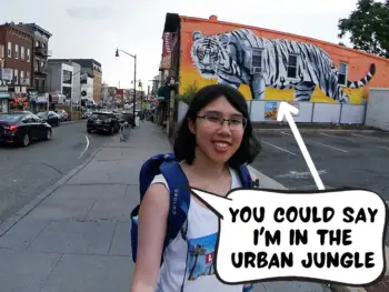 Meggie, wearing a white Levi's tank top, is standing on top of the sloping hill of India Square in front of a white Bengal tiger mural. Meggie, in a comic text speech bubble, says "You could say I'm in the urban jungle." India Square, Journal Square, Jersey City, New Jersey, United States of America