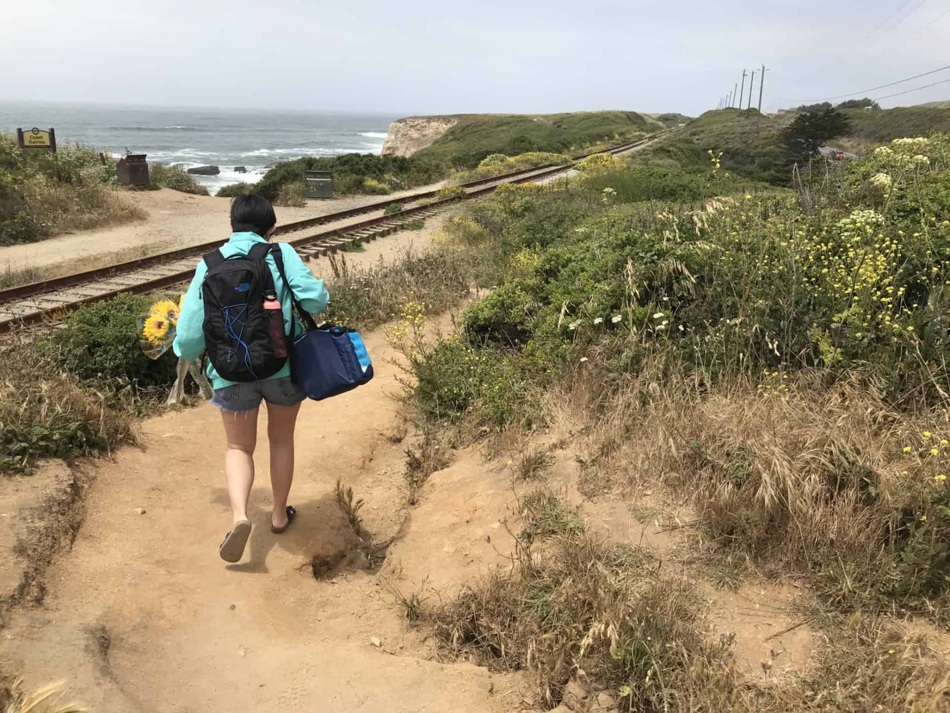 Meggie's cousin is walking toward the natural stairs going down to the beach. A railroad track is between us and the beach. Green shrubs grow on the clifftop. The sky is grey and full of gentle cloud coverage. Panther Beach, Santa Cruz, California, United States of America.