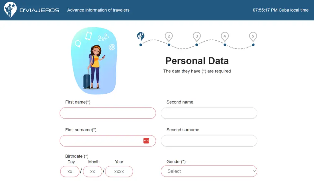 A screenshot of the D'Viajeros form asking for information like first and last name.