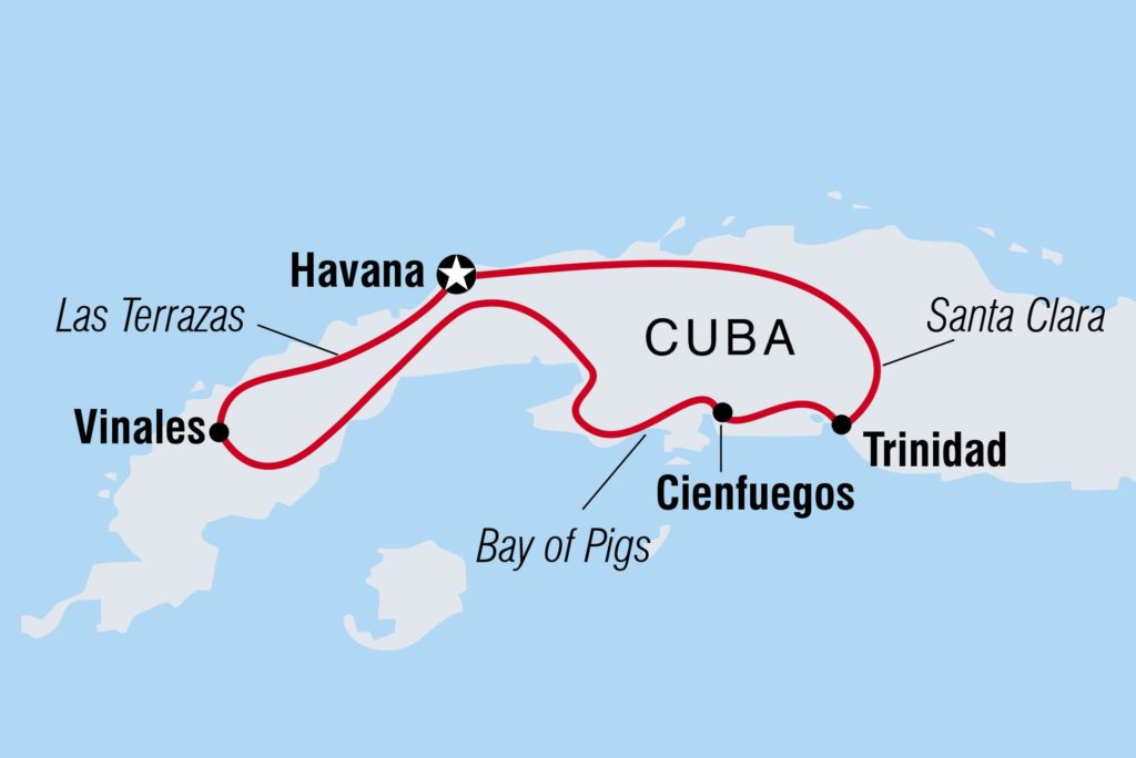 A map made by Intrepid for the Hola Cuba tour, showing Havana, Viñales, Cienfuegos, and Trinidad cities.
