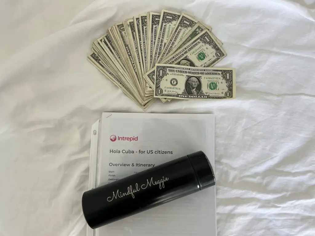 $1 US dollar bills spread out, next to Meggie's Intrepid tour itinerary print-outs and Meggie's black Mindful Meggie water bottle